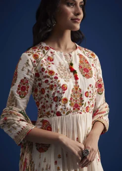 Ivory Linen Kurta Set With Floral Resham Work