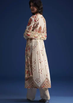 Ivory Linen Kurta Set With Floral Resham Work