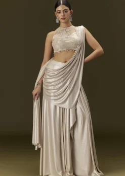 Ivory Lycra Draped Saree With Embroidered Blouse
