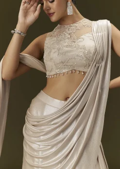 Ivory Lycra Draped Saree With Embroidered Blouse