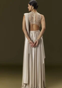 Ivory Lycra Draped Saree With Embroidered Blouse