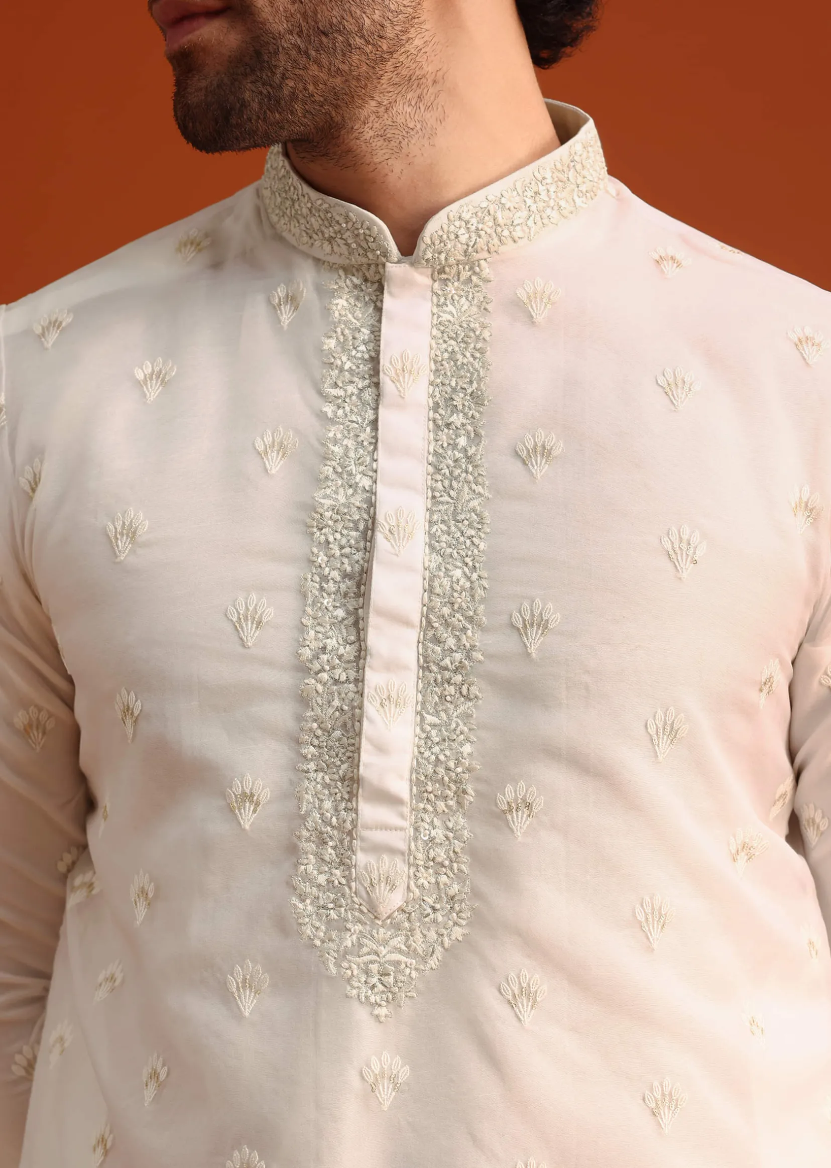 Ivory Organza Zari Embroidered Kurta Set With Butti Work