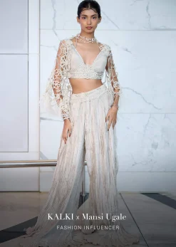 Ivory Patchwork Blouse With Cutwork Jacket And Ruched Palazzo