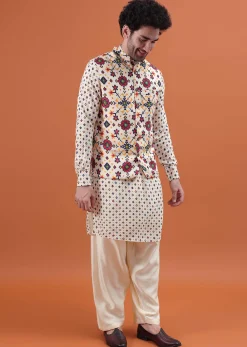 Ivory Patola Printed Kurta Jacket Set For Men