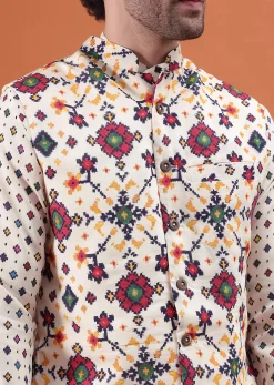 Ivory Patola Printed Kurta Jacket Set For Men