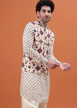 Ivory Patola Printed Kurta Jacket Set For Men