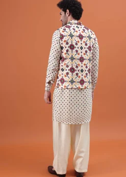 Ivory Patola Printed Kurta Jacket Set For Men