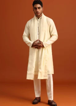Ivory Plain Kurta Set With Hand Work Dupatta