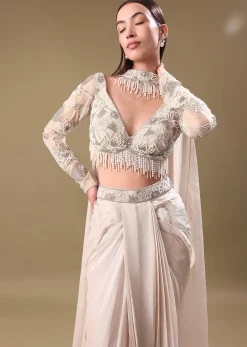 Ivory Pre Drape Tissue Skirt With Full Sleeve Blouse