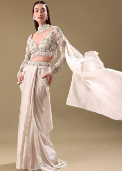 Ivory Pre Drape Tissue Skirt With Full Sleeve Blouse