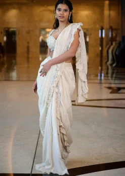 Ivory Pre Stitched Frill Tissue Saree With Blouse