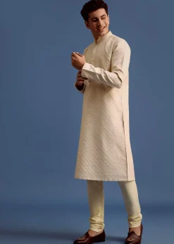 Ivory Printed Kurta Pyjama Set For Men