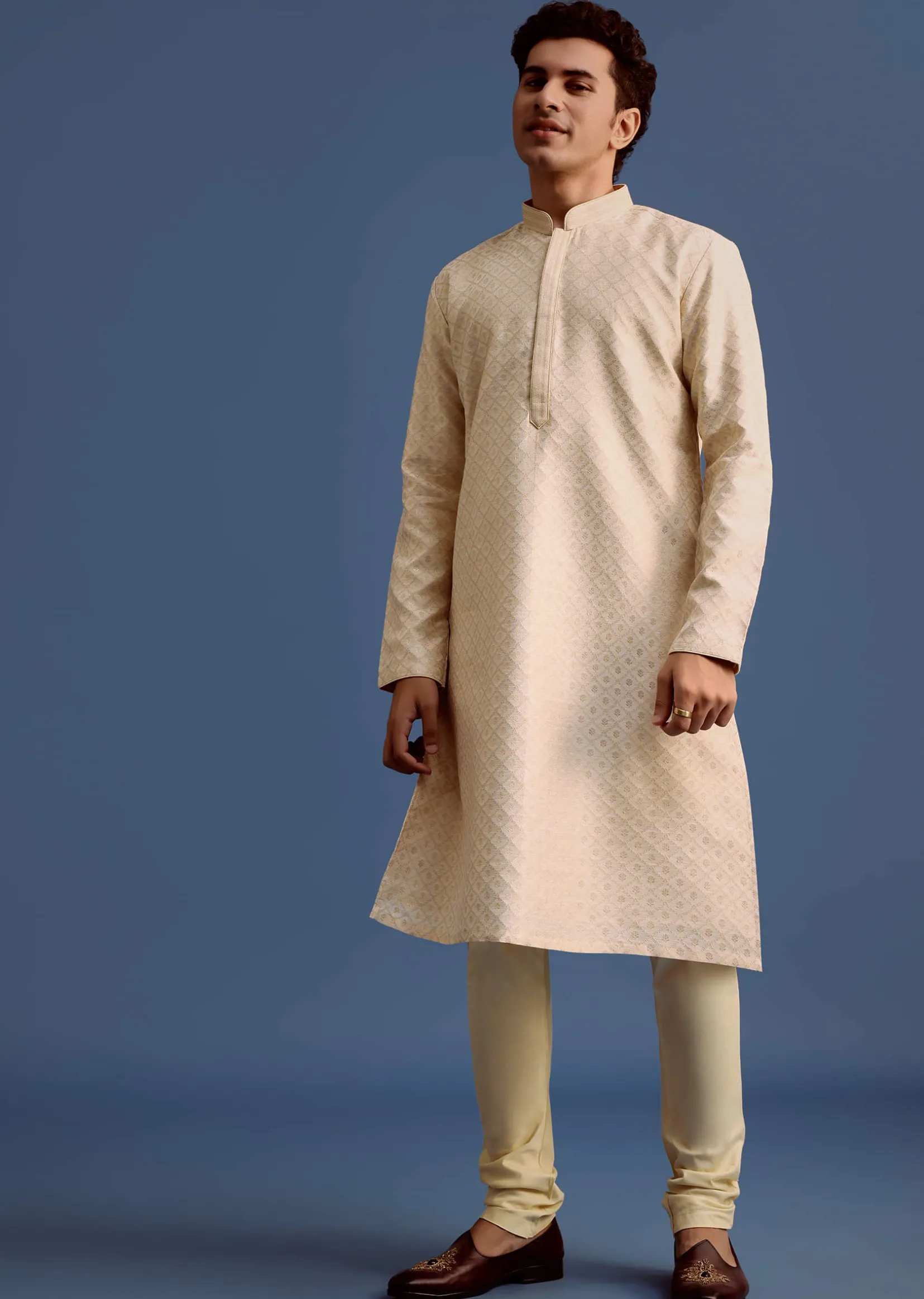 Ivory Printed Kurta Pyjama Set For Men