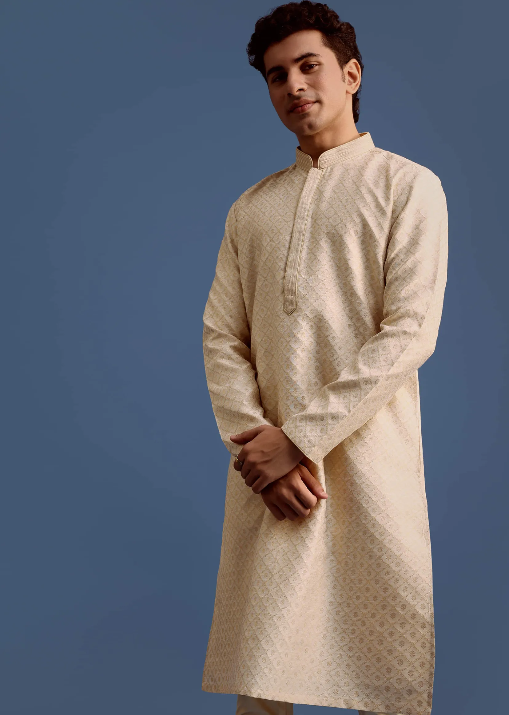 Ivory Printed Kurta Pyjama Set For Men