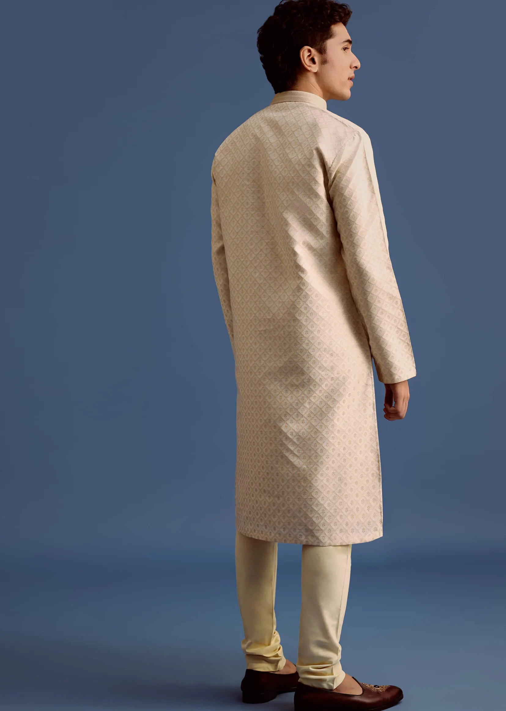 Ivory Printed Kurta Pyjama Set For Men
