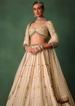 Ivory Raw Silk Hand Embroidered Lehenga Set With Net Dupatta