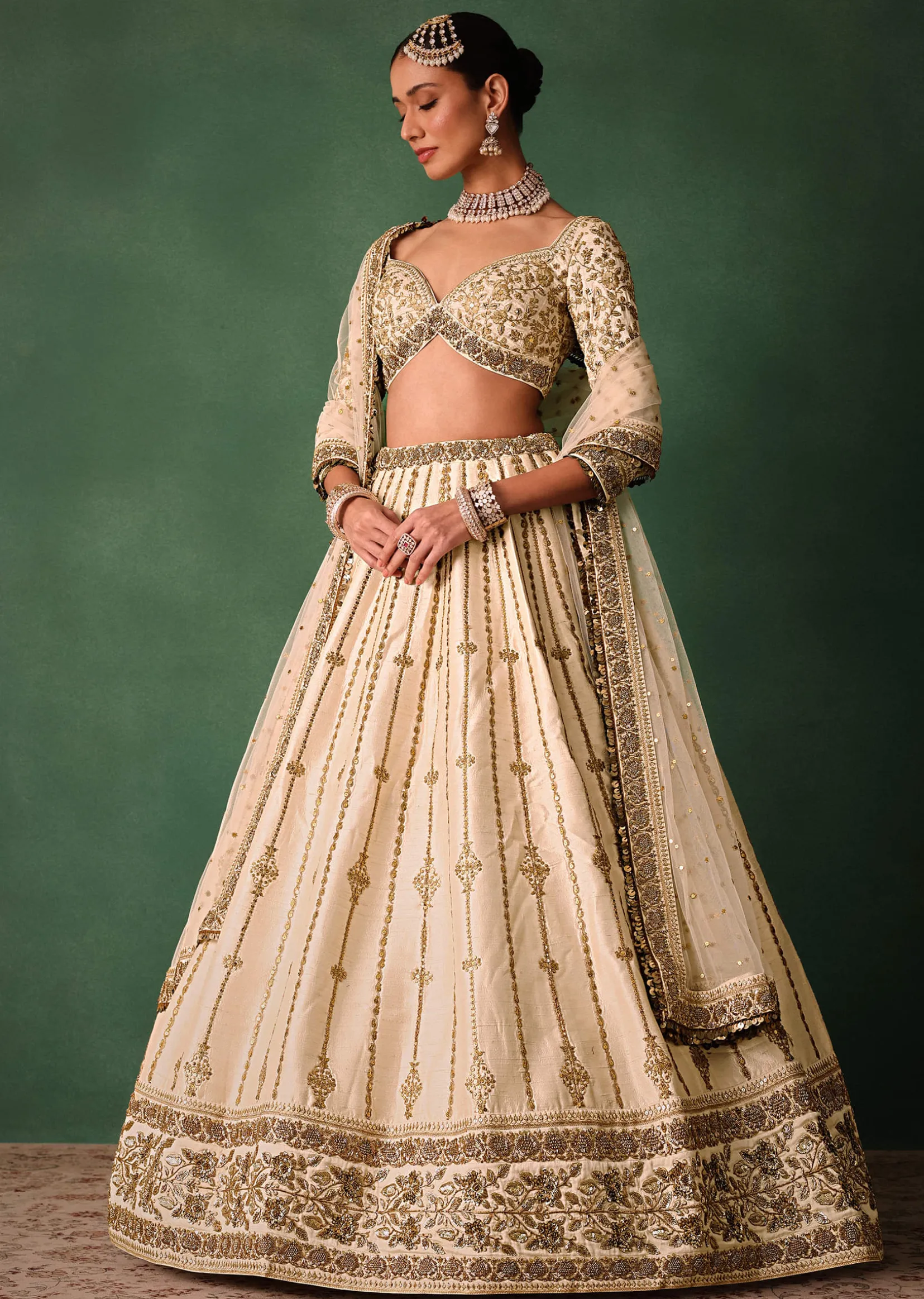 Ivory Raw Silk Hand Embroidered Lehenga Set With Net Dupatta