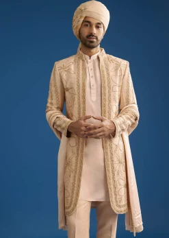 Ivory Raw Silk Sherwani Set With Mixed Hand Work And Organza Satin Accents