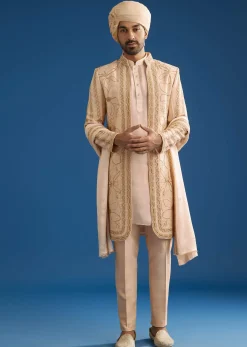 Ivory Raw Silk Sherwani Set With Mixed Hand Work And Organza Satin Accents