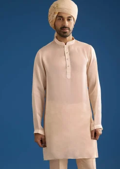 Ivory Raw Silk Sherwani Set With Mixed Hand Work And Organza Satin Accents