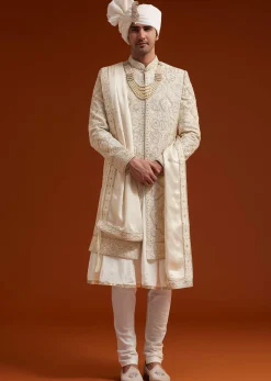 Ivory Sherwani Set With Zardosi And Butti Work