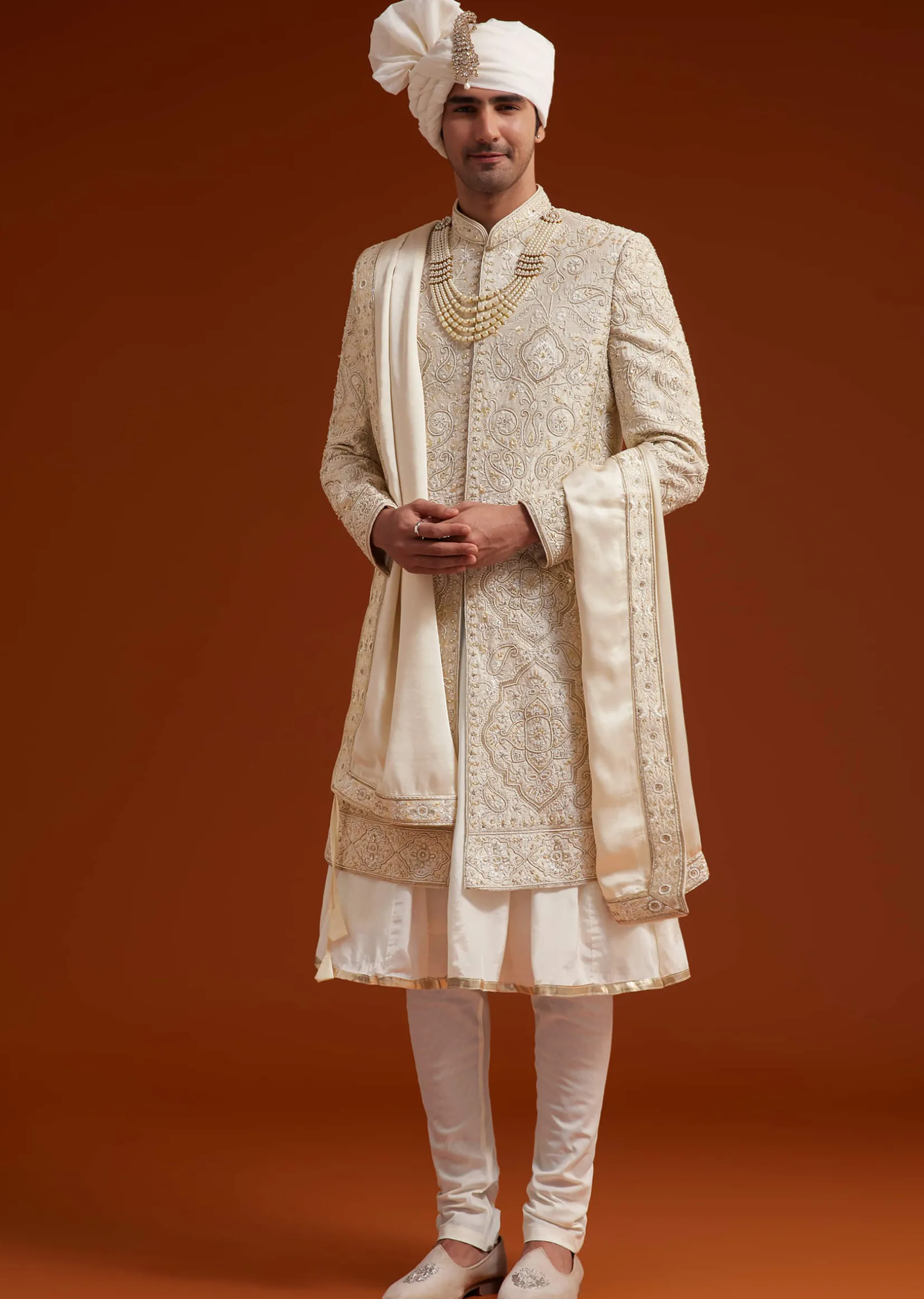 Ivory Sherwani Set With Zardosi And Butti Work