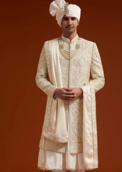 Ivory Sherwani Set With Zardosi And Butti Work
