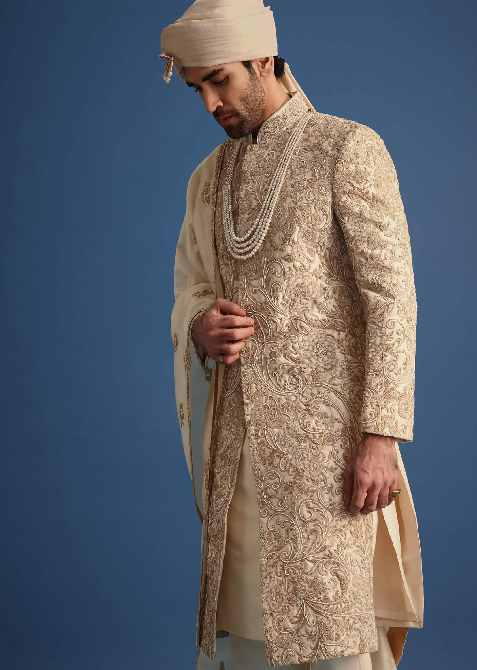 Ivory Sherwani Suit With Beads And Zari Work