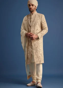 Ivory Sherwani Suit With Beads And Zari Work