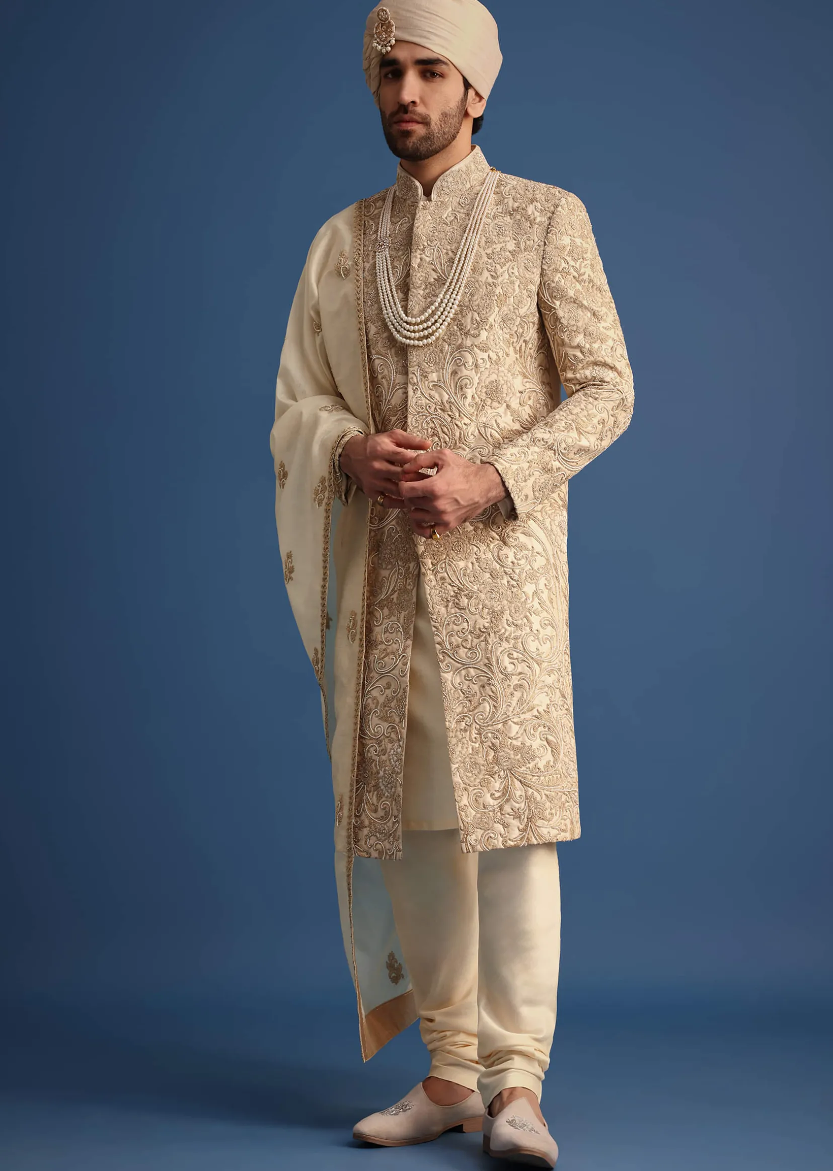 Ivory Sherwani Suit With Beads And Zari Work