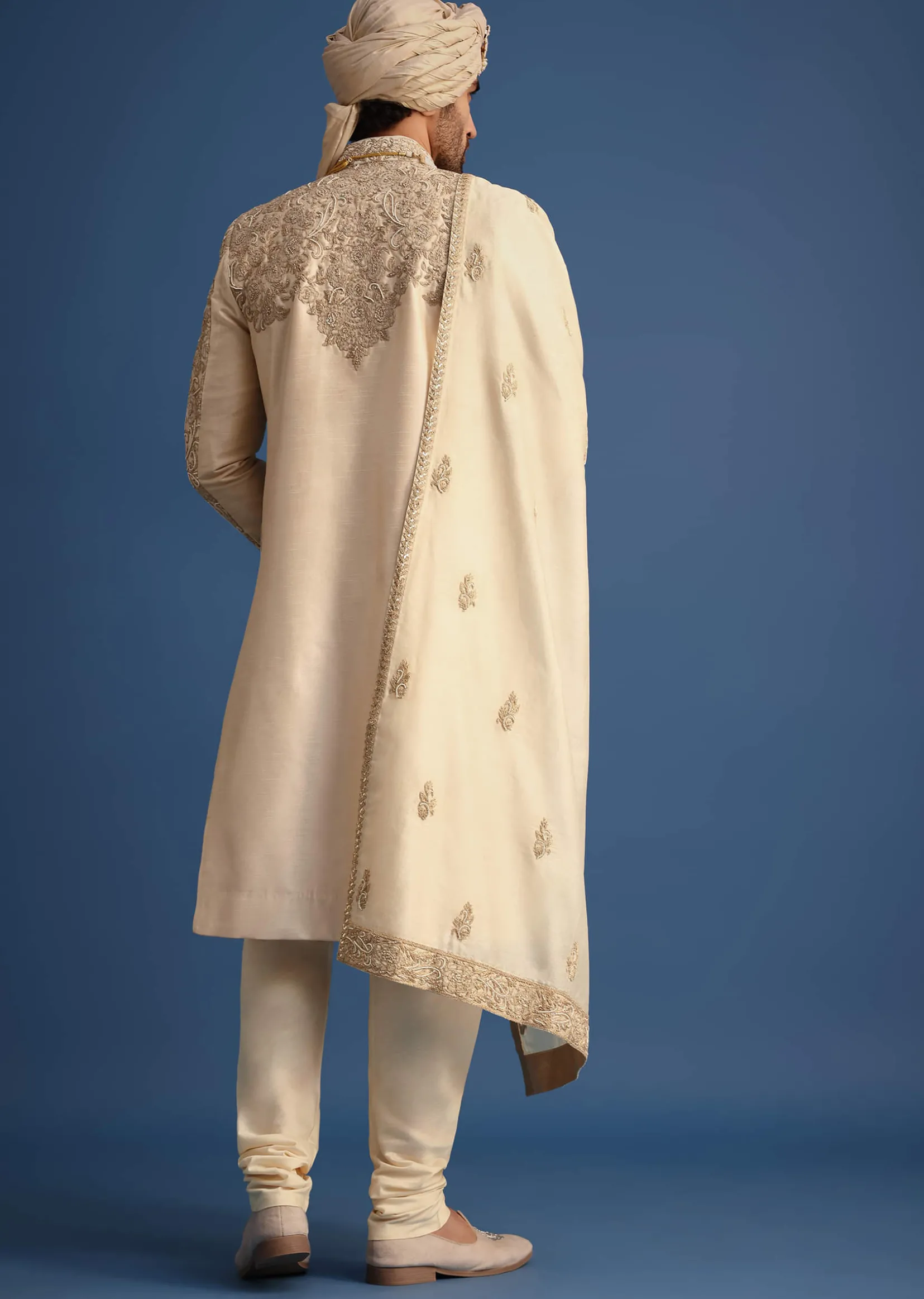 Ivory Sherwani Suit With Beads And Zari Work
