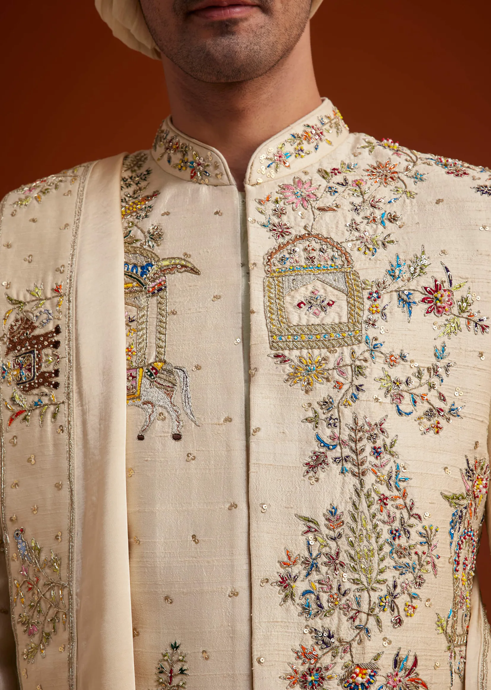 Ivory Sherwani With Multicolored Floral Embroidery