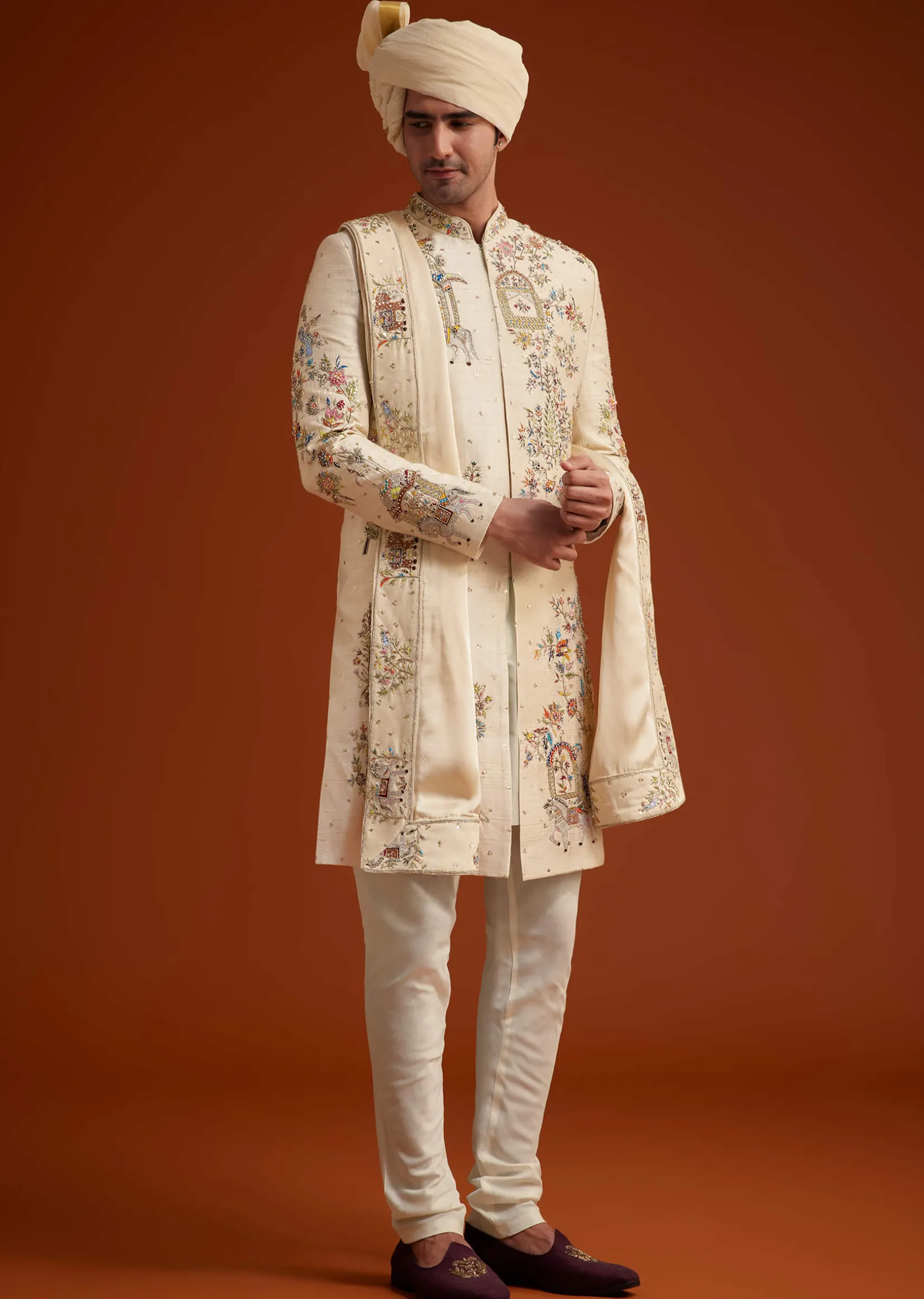 Ivory Sherwani With Multicolored Floral Embroidery