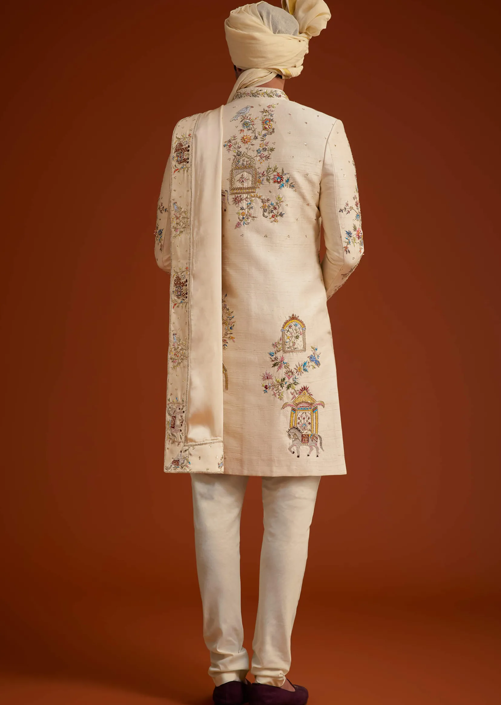 Ivory Sherwani With Multicolored Floral Embroidery