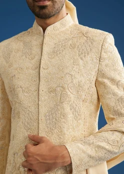 Ivory Silk Groom Sherwani Set With Dori And Zardosi Embroidery