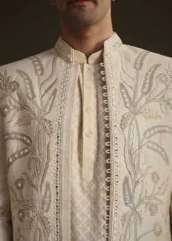 Ivory Silk Indo Western Set With Zardosi Work
