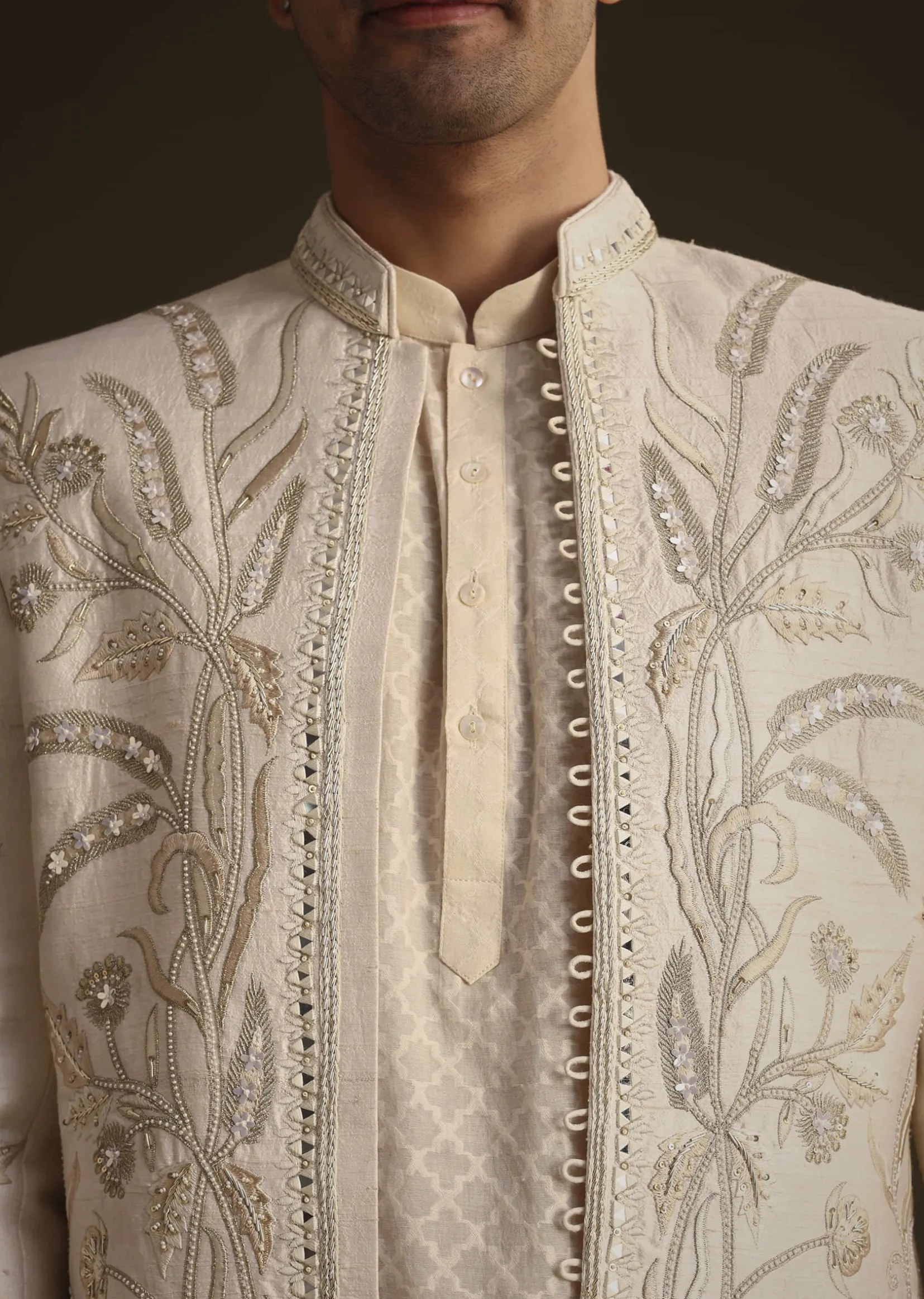 Ivory Silk Indo Western Set With Zardosi Work