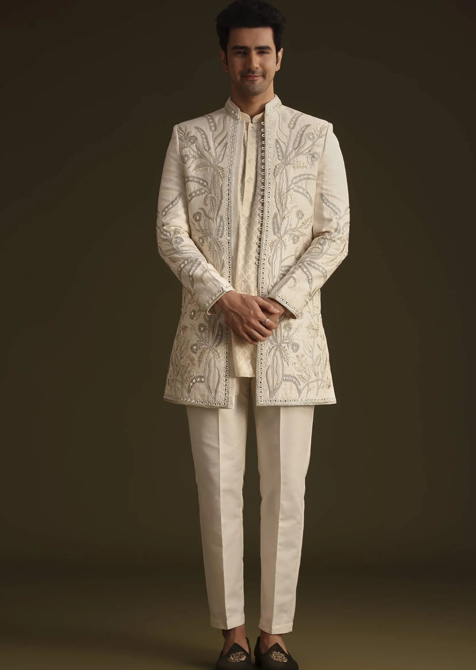 Ivory Silk Indo Western Set With Zardosi Work