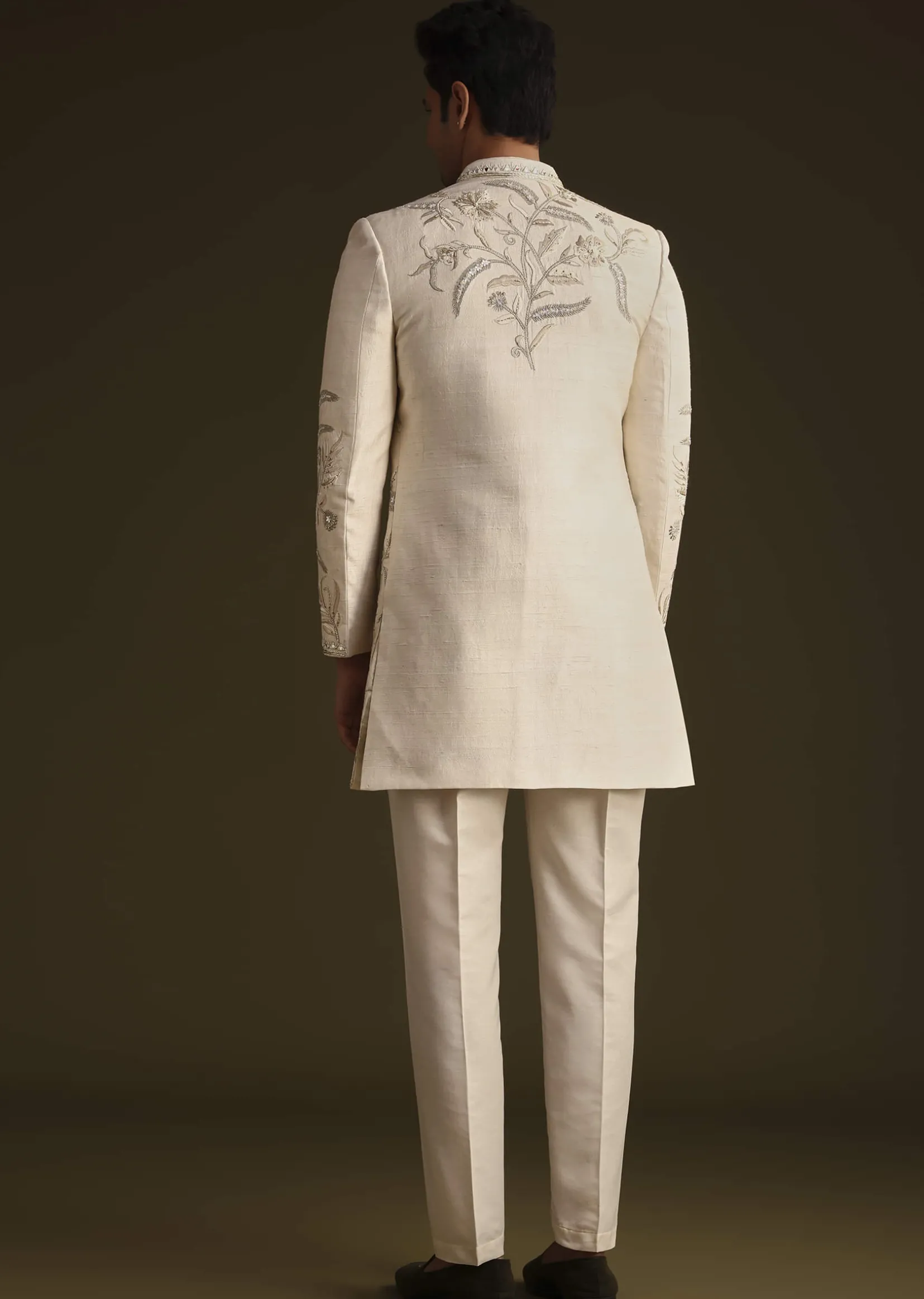 Ivory Silk Indo Western Set With Zardosi Work