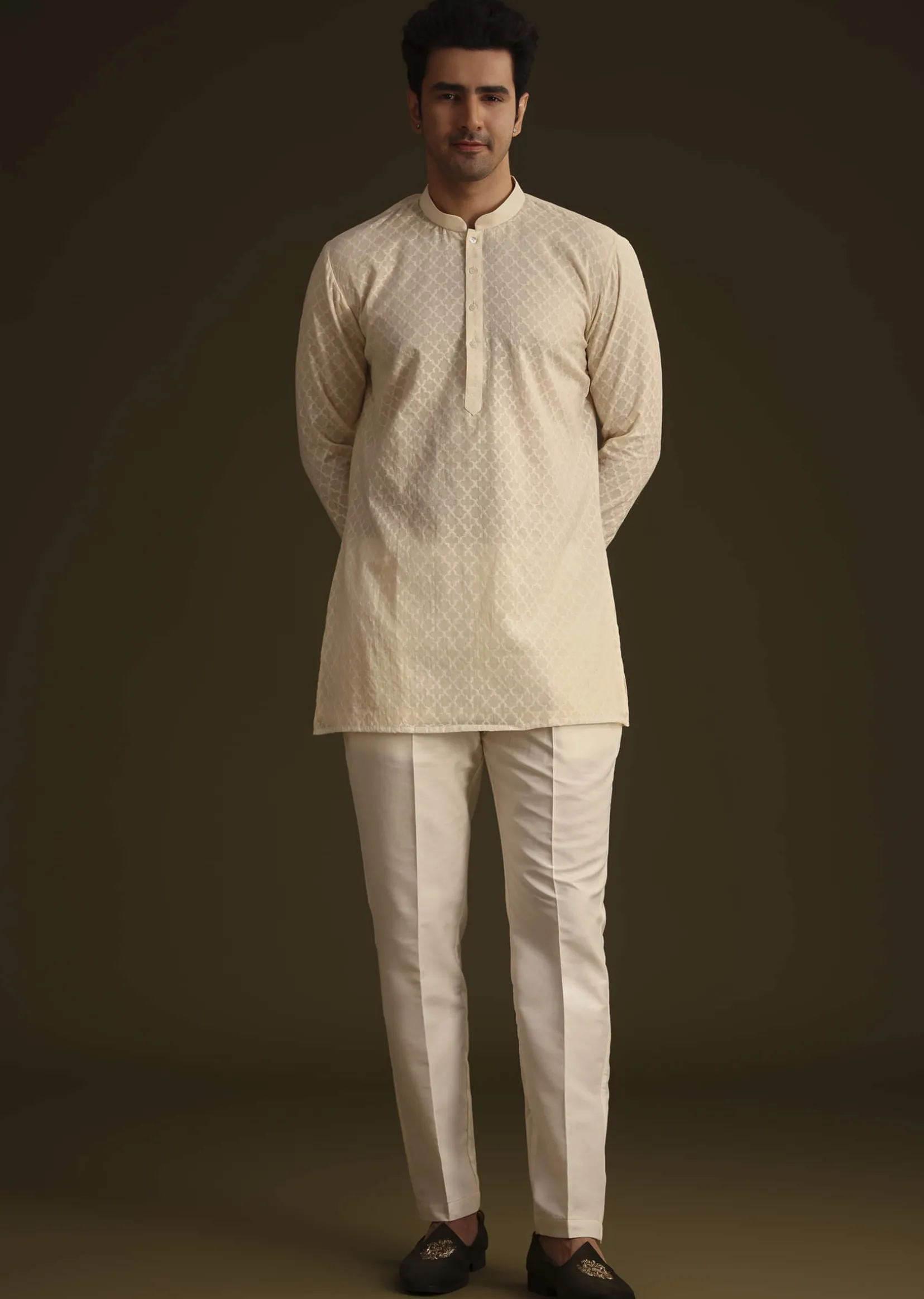 Ivory Silk Indo Western Set With Zardosi Work