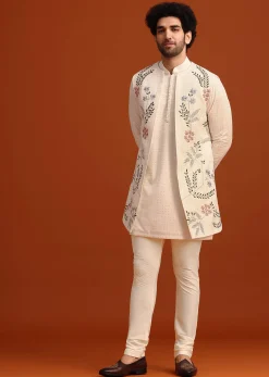 Ivory Silk Jacket And Kurta Set With Resham Work