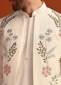 Ivory Silk Jacket And Kurta Set With Resham Work