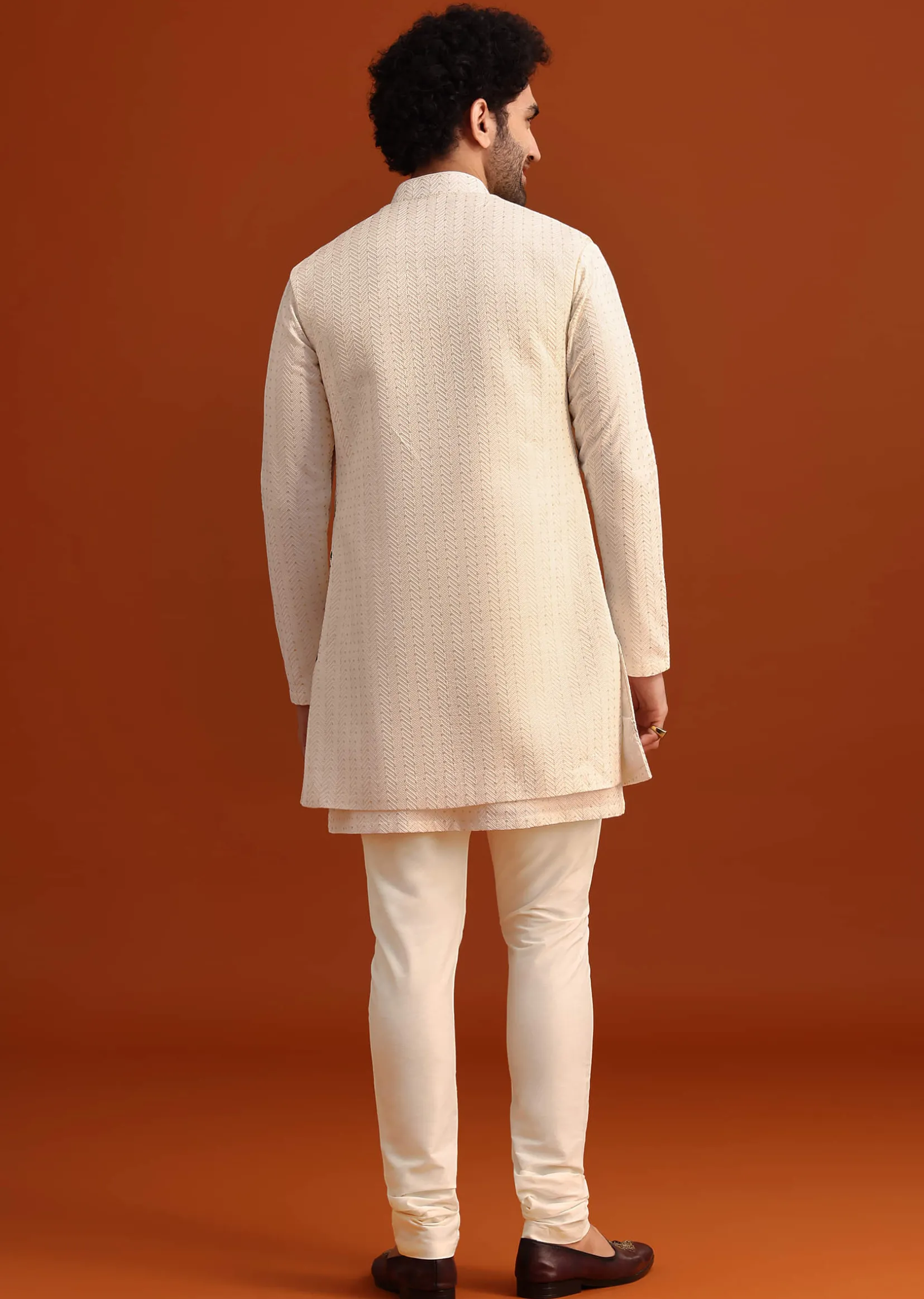 Ivory Silk Jacket And Kurta Set With Resham Work