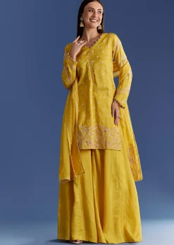 Ivory Silk Kurta Set With appliqua Organza Dupatta