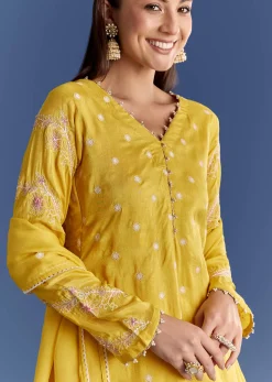 Ivory Silk Kurta Set With appliqua Organza Dupatta