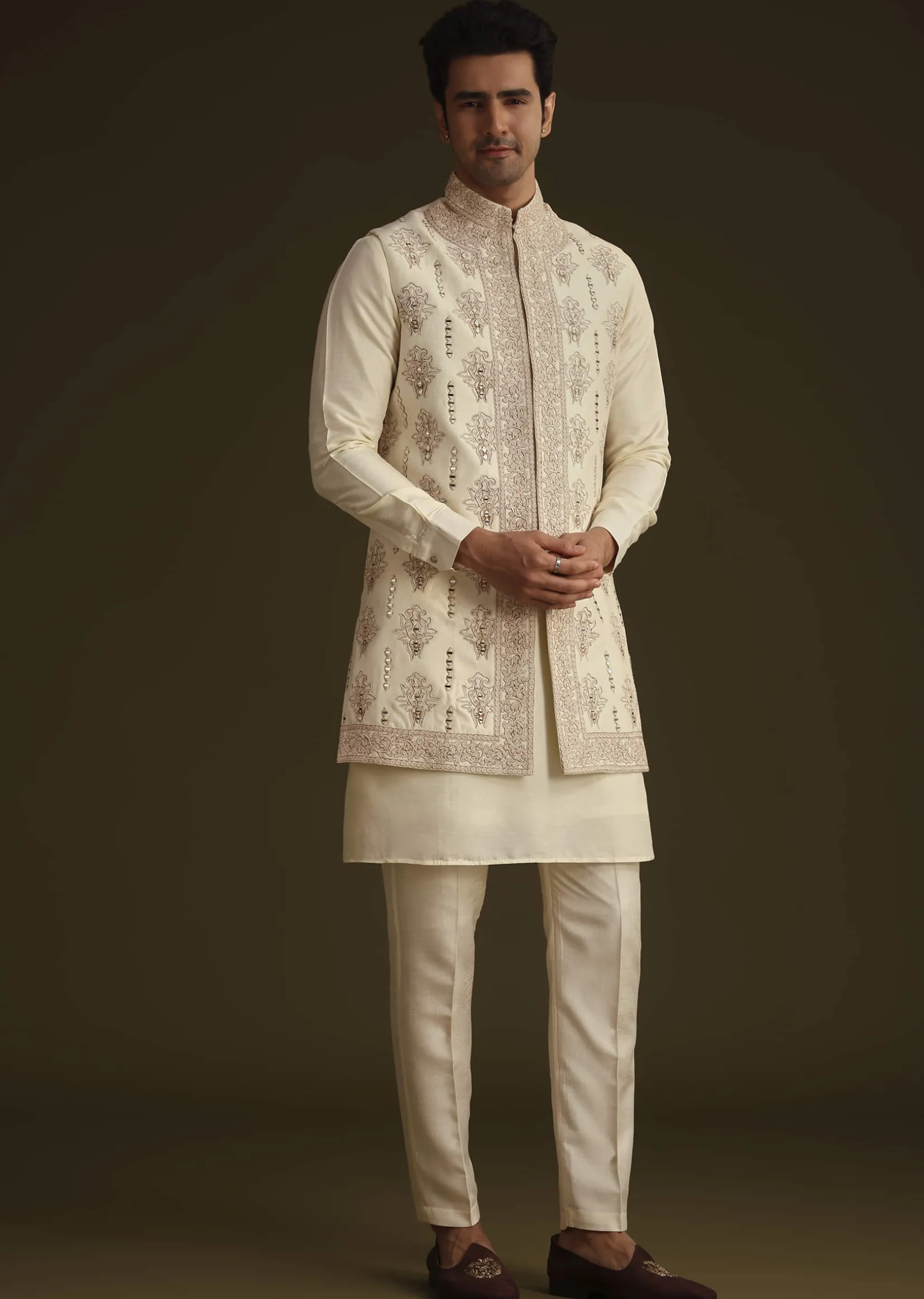 Ivory Silk Long Jacket Set With Resham And Mirror Work