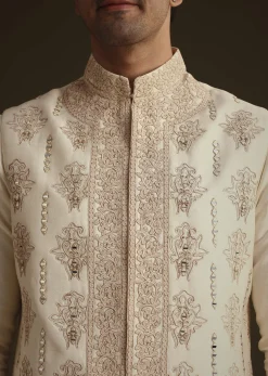 Ivory Silk Long Jacket Set With Resham And Mirror Work