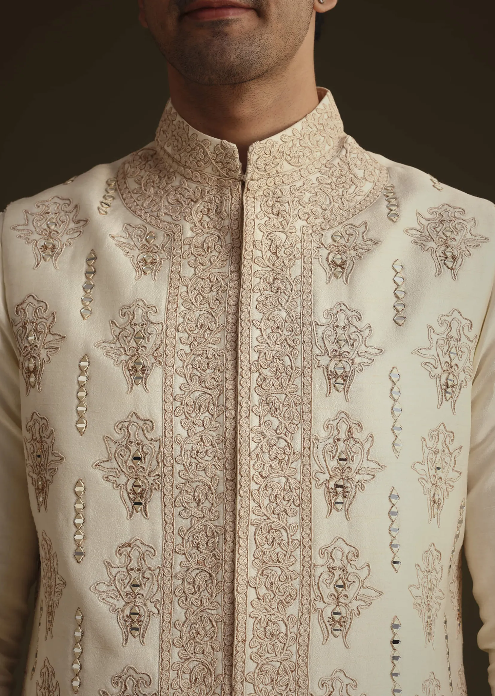Ivory Silk Long Jacket Set With Resham And Mirror Work