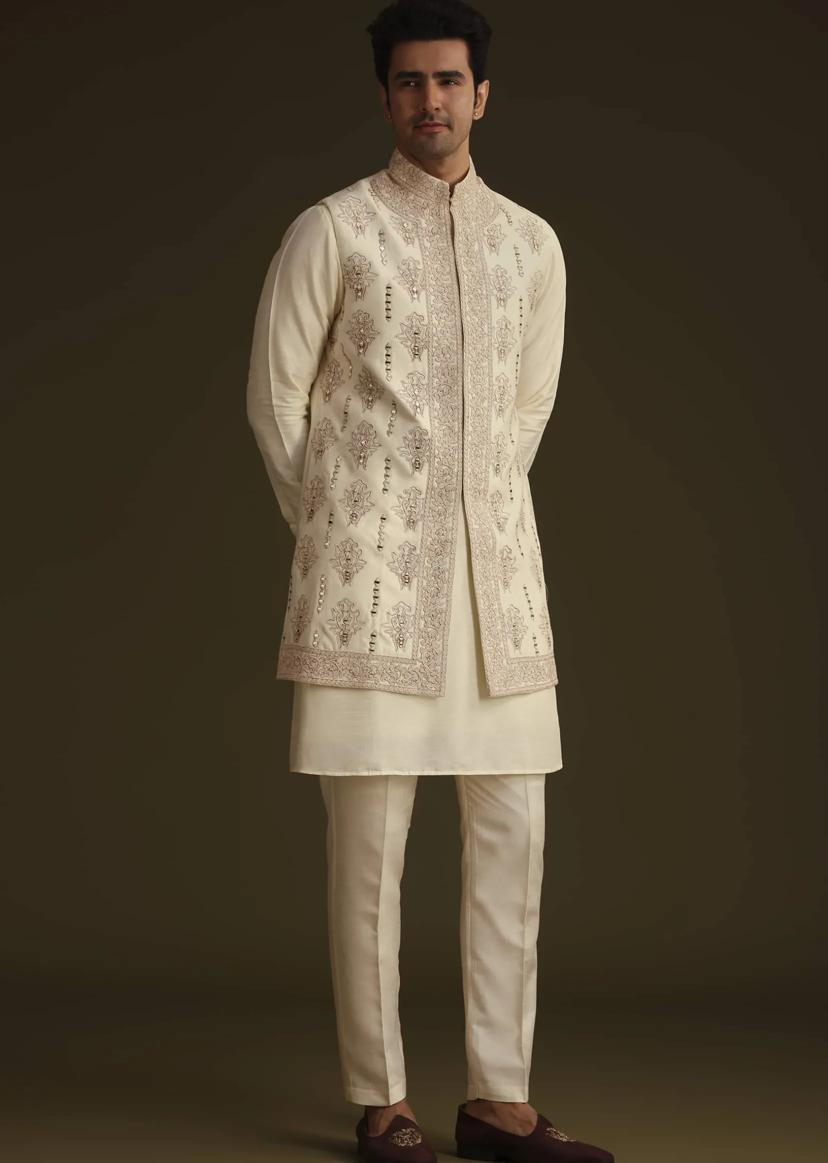 Ivory Silk Long Jacket Set With Resham And Mirror Work