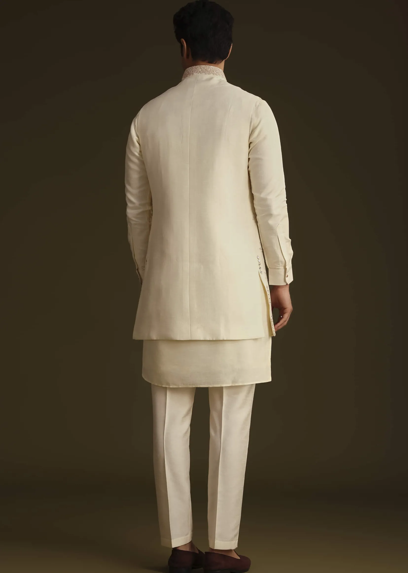 Ivory Silk Long Jacket Set With Resham And Mirror Work